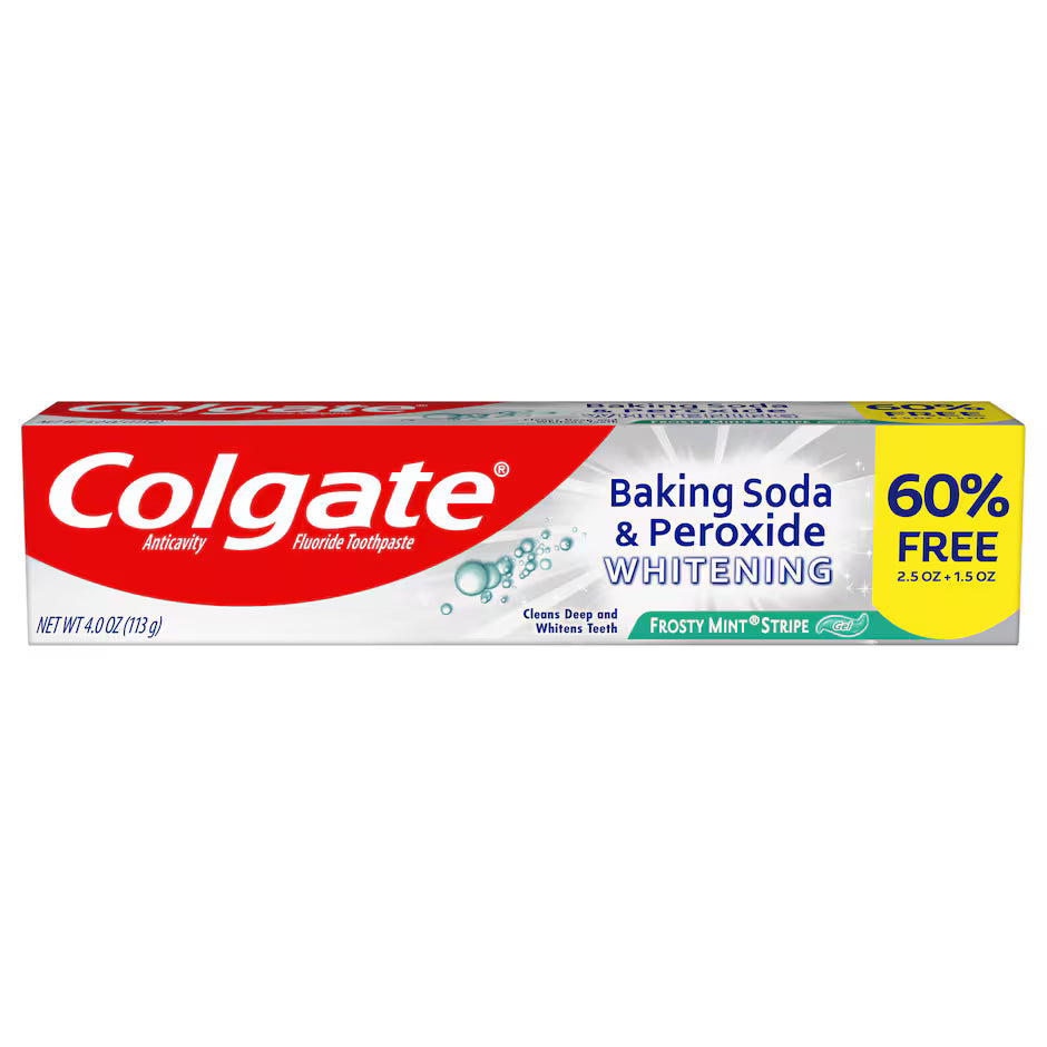 Colgate Whitening Frosty Mint Stripe Gel Toothpaste with Baking Soda and Peroxide, 4 oz. Tubes
